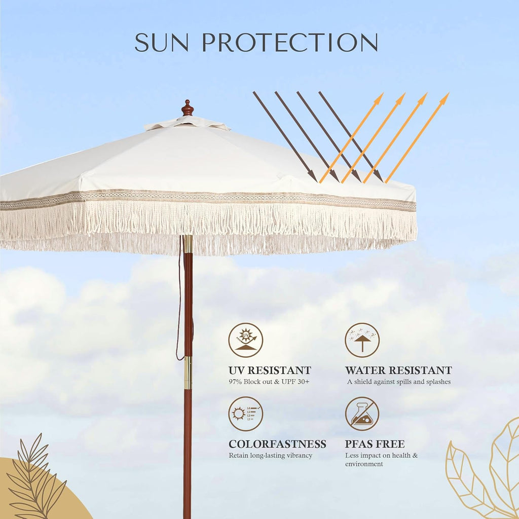 LAGarden Boho Market Wood Fringe Patio Umbrella with Carry Bag Tassels for Outdoor Event Garden Yard House Wedding Party Deck Poolside Sun Shade Parasol