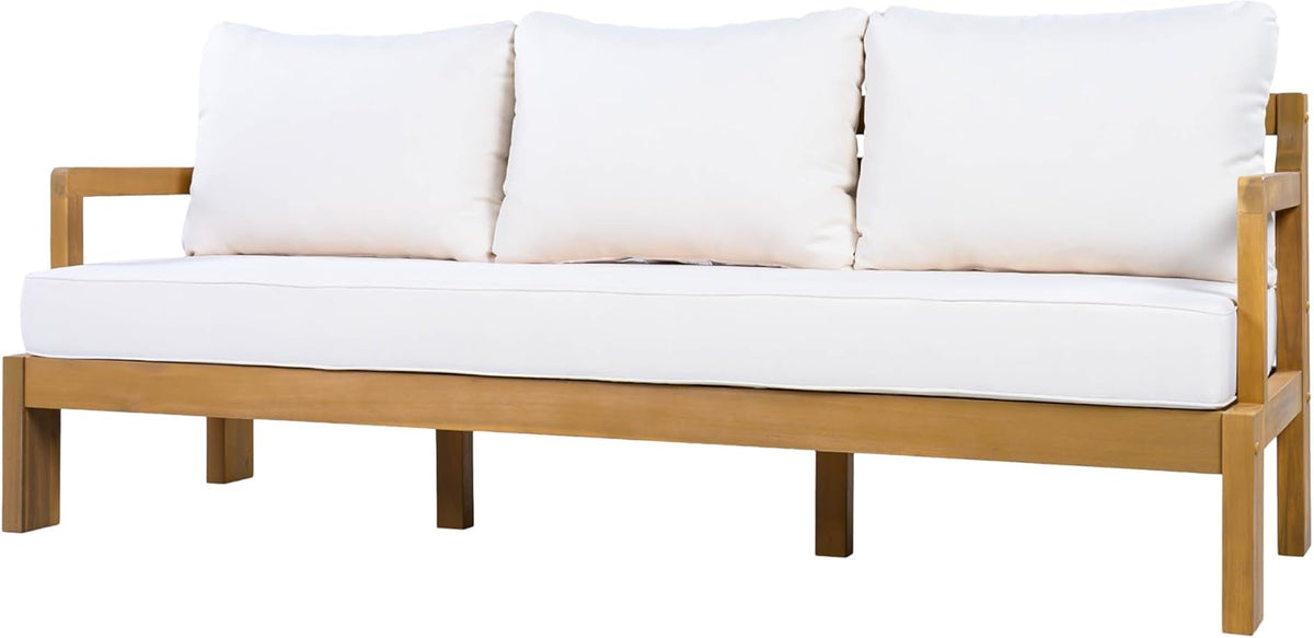 Christopher Knight Home Bayah Acacia Wood Outdoor 3 Seater Sofa with Cushion, Solid Wood Patio Sofa with Removable Cushion, Comfy Lounge Sofa for Patio Furniture Set, Natural Teak+Beige