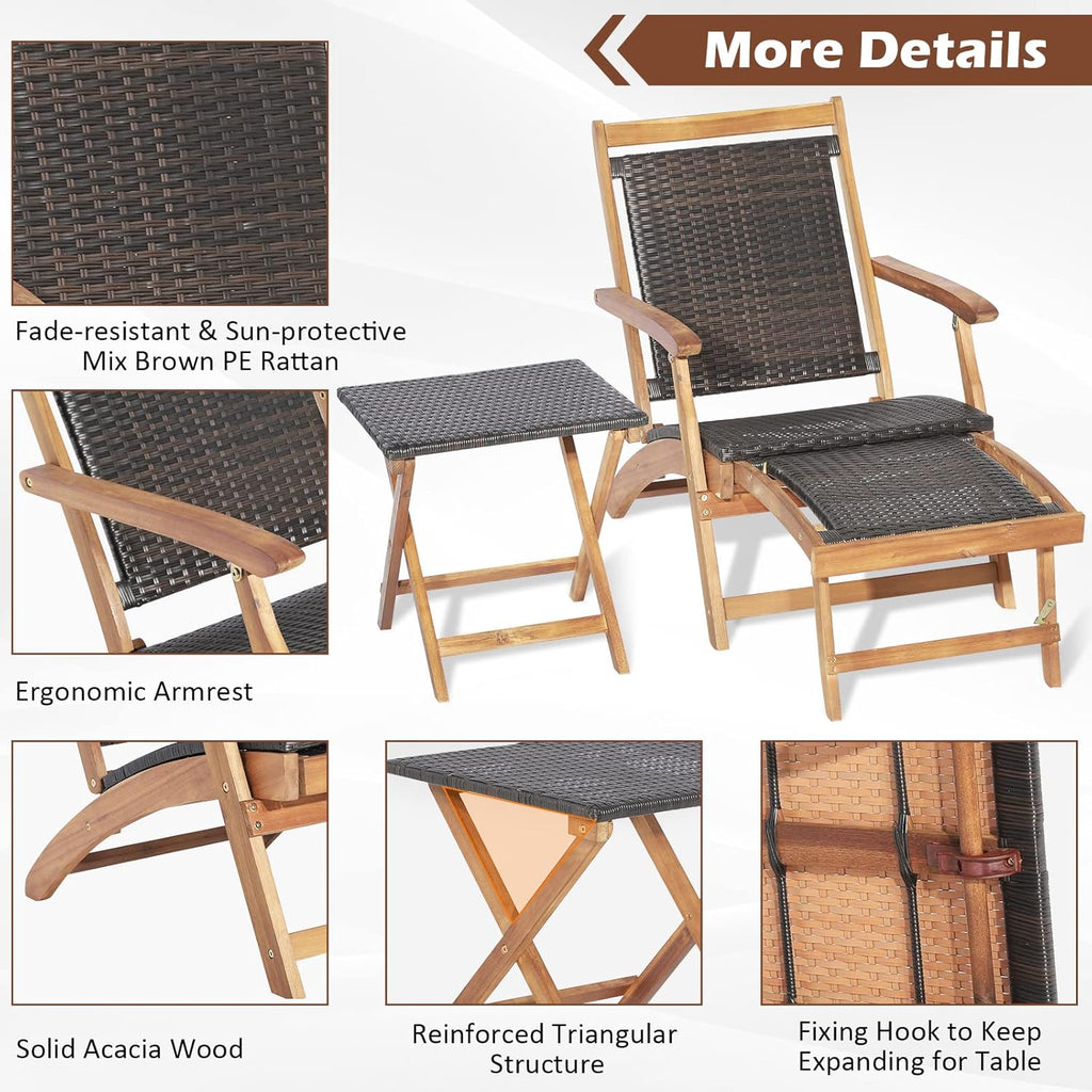 Tangkula Patio Lounge Chair and Side Table Set of 2, Acacia Wood Wicker Folding Table and Armrest Chair with Retractable Ottoman, Acacia Wood Outdoor Chaise Lounger for Garden, Backyard, Poolside (2)