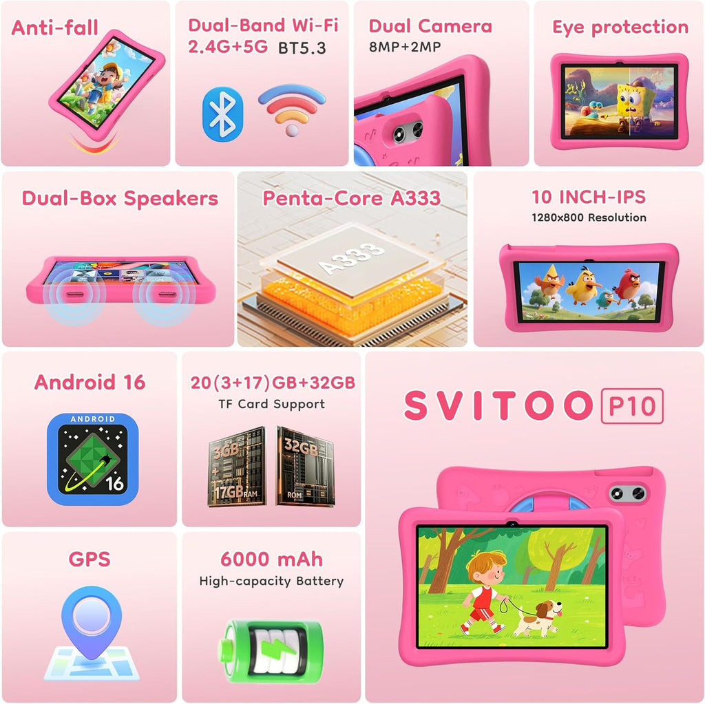 SVITOO Kids Tablet 10 Inch, Android Tablets Toddler Tablet with Parental Controls, 20GB Ram 32GB ROM 1TB Expandable, Dual Camera, 6000mah WiFi 6, Shockproof Eva Case Pink