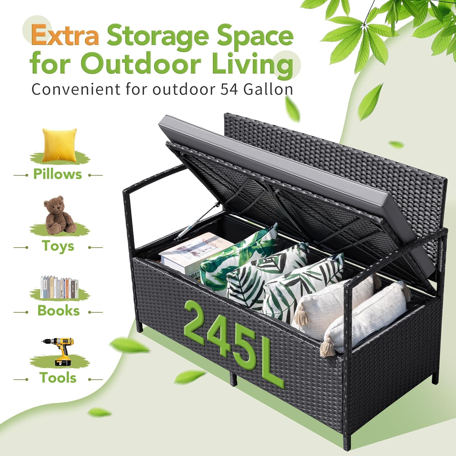 Greesum Patio Loveseat PE Rattan Wicker Outdoor Furniture with Soft Cushions & Built-in Storage Space for Lawn Garden Backyard, Black