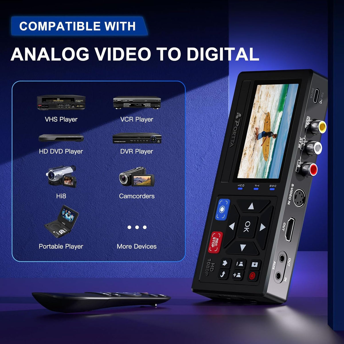 Portta VHS to Digital Converter with 128GB USB3.0 Flash Drive, Video to Digital Recorder, Compatible with VHS, VCR, DVR, DVD, Hi8, Mini DV, Gaming Consoles (VCR, VHS/DVD Player, Camcorder Required)