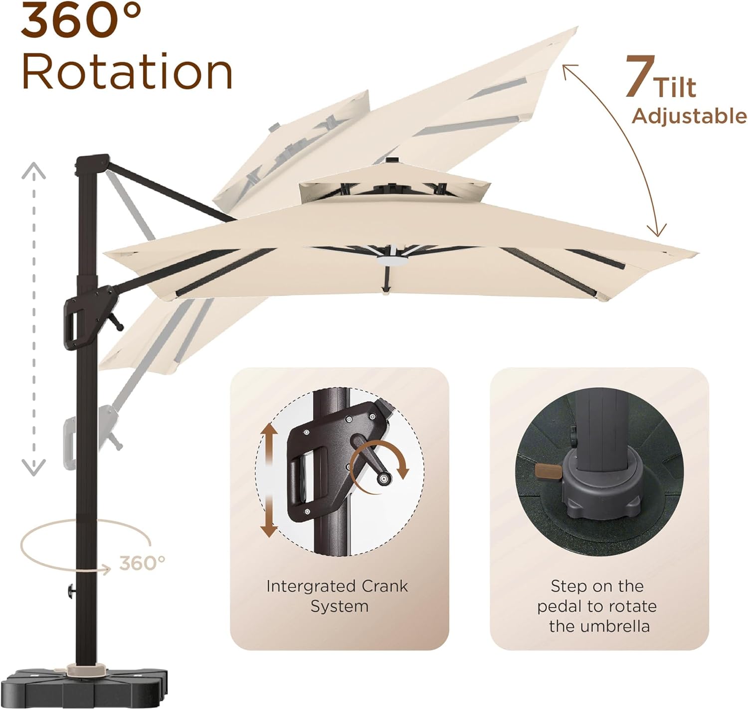 Deconk 10' X 13 'Patio Umbrella with LED Lights Outdoor Cantilever Large Rectangle Offset Umbrellas Heavy Duty Aluminum Double Top with 360-degree Rotation for Pool Garden Deck, Beige