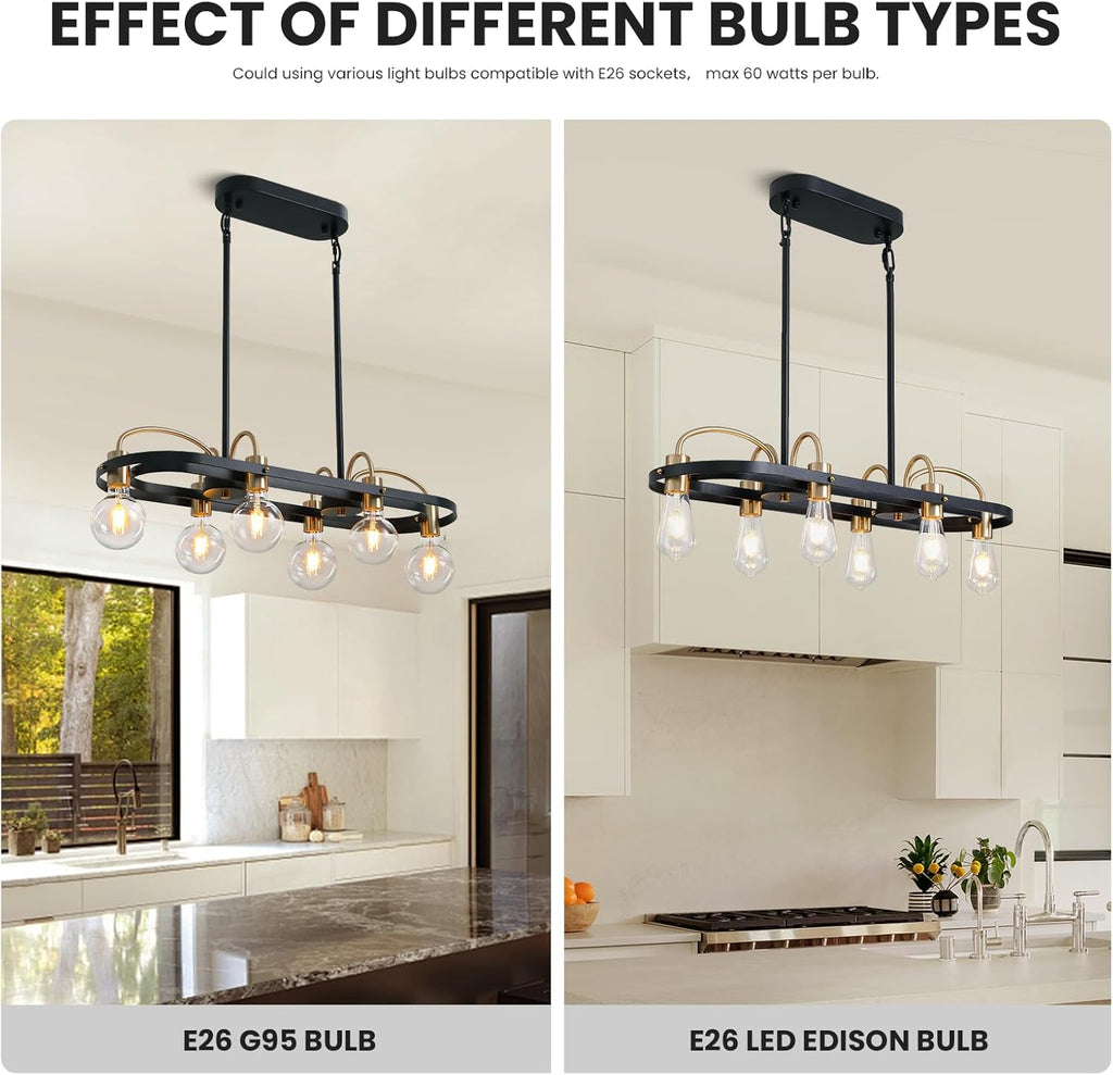 6 Lights Rectangular Chandelier, Black and Gold Linear Chandelier Rectangle Pendant Light Fixture, Modern Chandeliers for Kitchen Island Dining Room Over Table L-30''