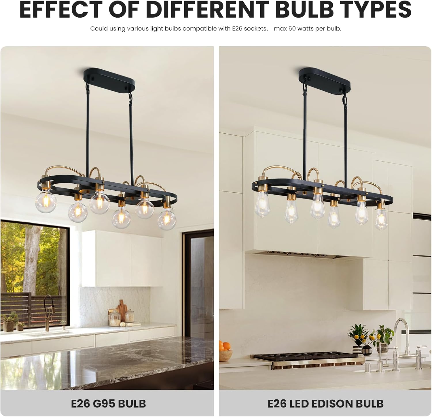 6 Lights Rectangular Chandelier, Black and Gold Linear Chandelier Rectangle Pendant Light Fixture, Modern Chandeliers for Kitchen Island Dining Room Over Table L-30''