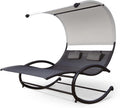 Double Chaise Lounge, Outdoor Bed Lounger with Sun Shade & Wheels, Double Lounge Chair with Canopy & Headrest Pillows for Patio, Yard, Lawn, Black