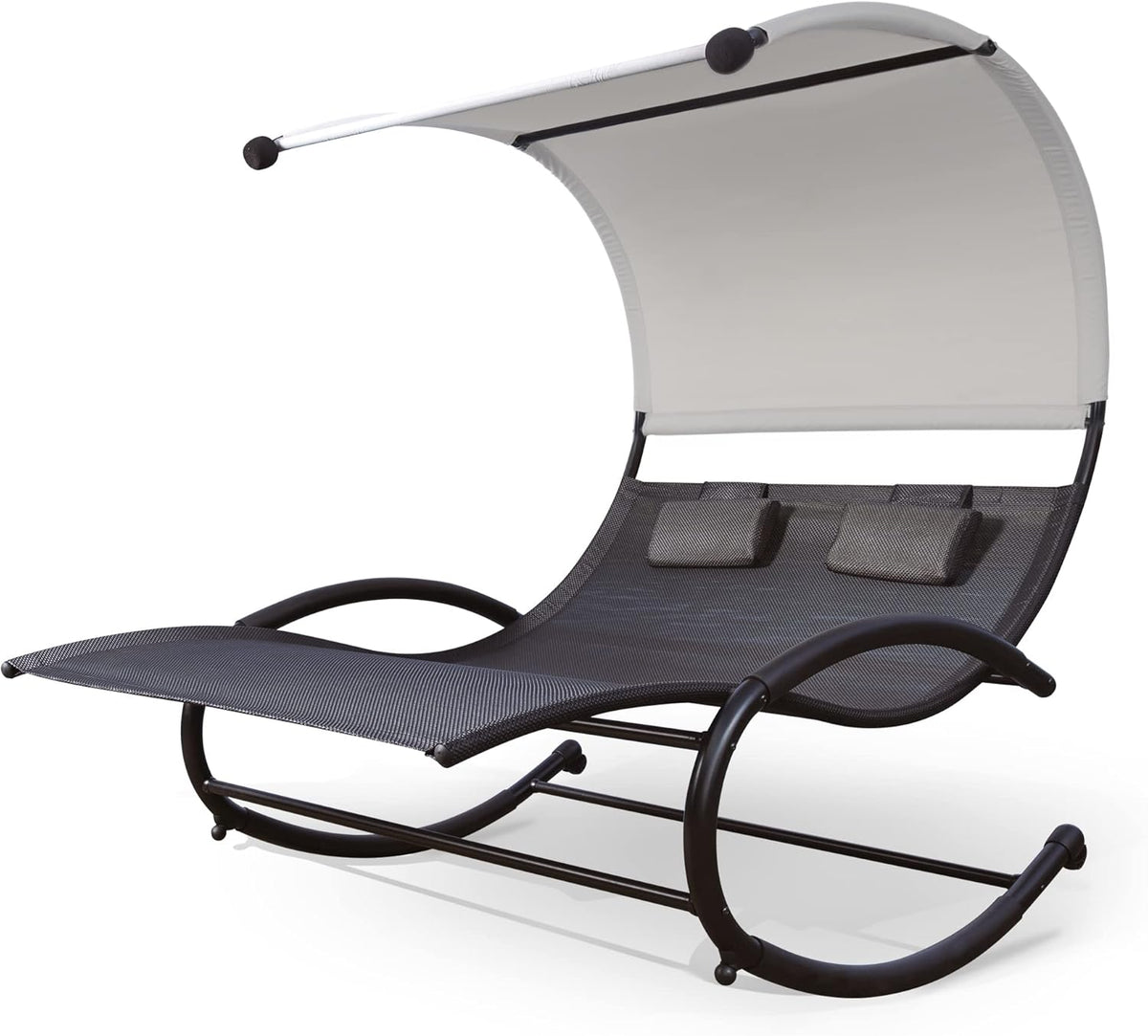Double Chaise Lounge, Outdoor Bed Lounger with Sun Shade & Wheels, Double Lounge Chair with Canopy & Headrest Pillows for Patio, Yard, Lawn, Black