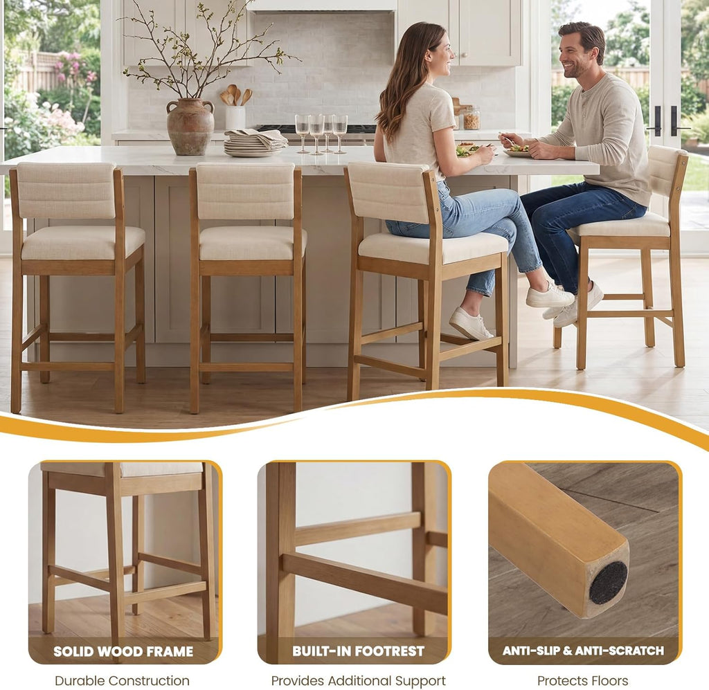 CIMOTA 26" H Counter Height Bar Stools Set of 2, Wooden Bar Stools with Backrest, Linen Upholstered Kitchen Island Stools, 330LBS Load Bar Chairs for Kitchen, Cafe, Restaurant