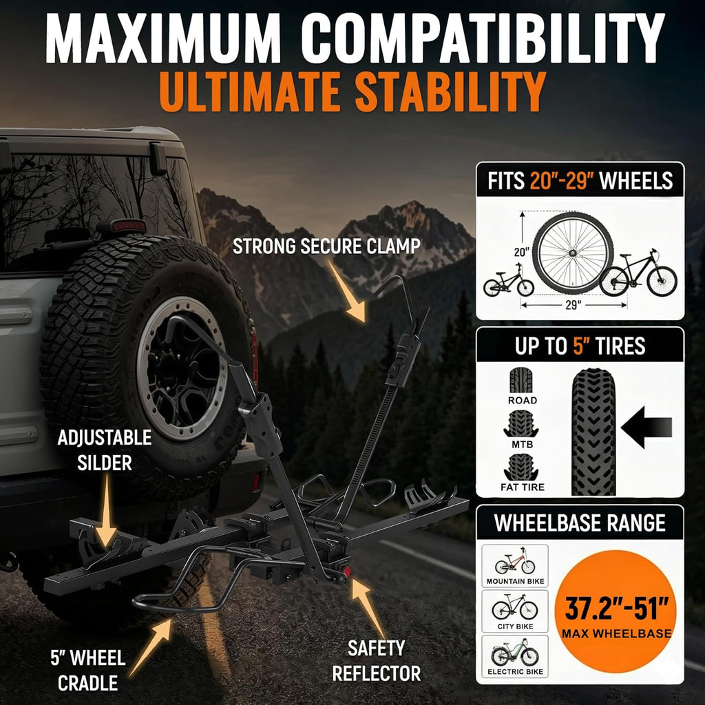 MEEVIZ Ebike Rack for Tow Hitch 2 Bike - 200 Lbs Capacity Heavy Duty Hitch Bike Rack, Smart Tilting Foldable Platform Bicycle Car Racks with 2" Receiver for SUV, Truck, Trailer, Fits Max 5" Fat Tire