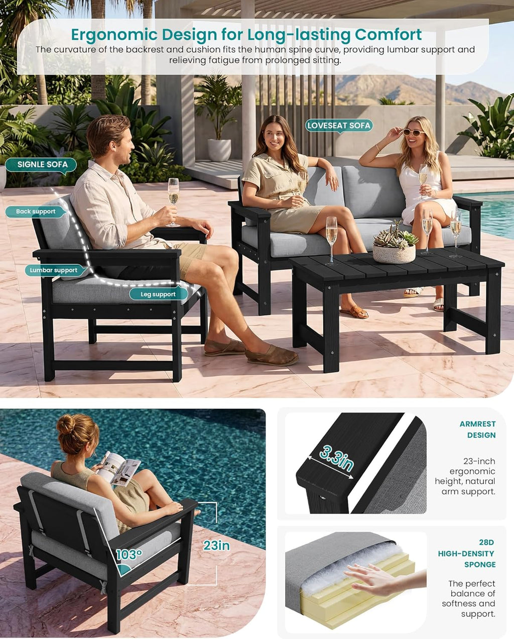SERWALL 2 Pieces Single Cushioned Lounge Chair, Black HDPE Outdoor Adirondack Sofa Armchair with Grey Cushion