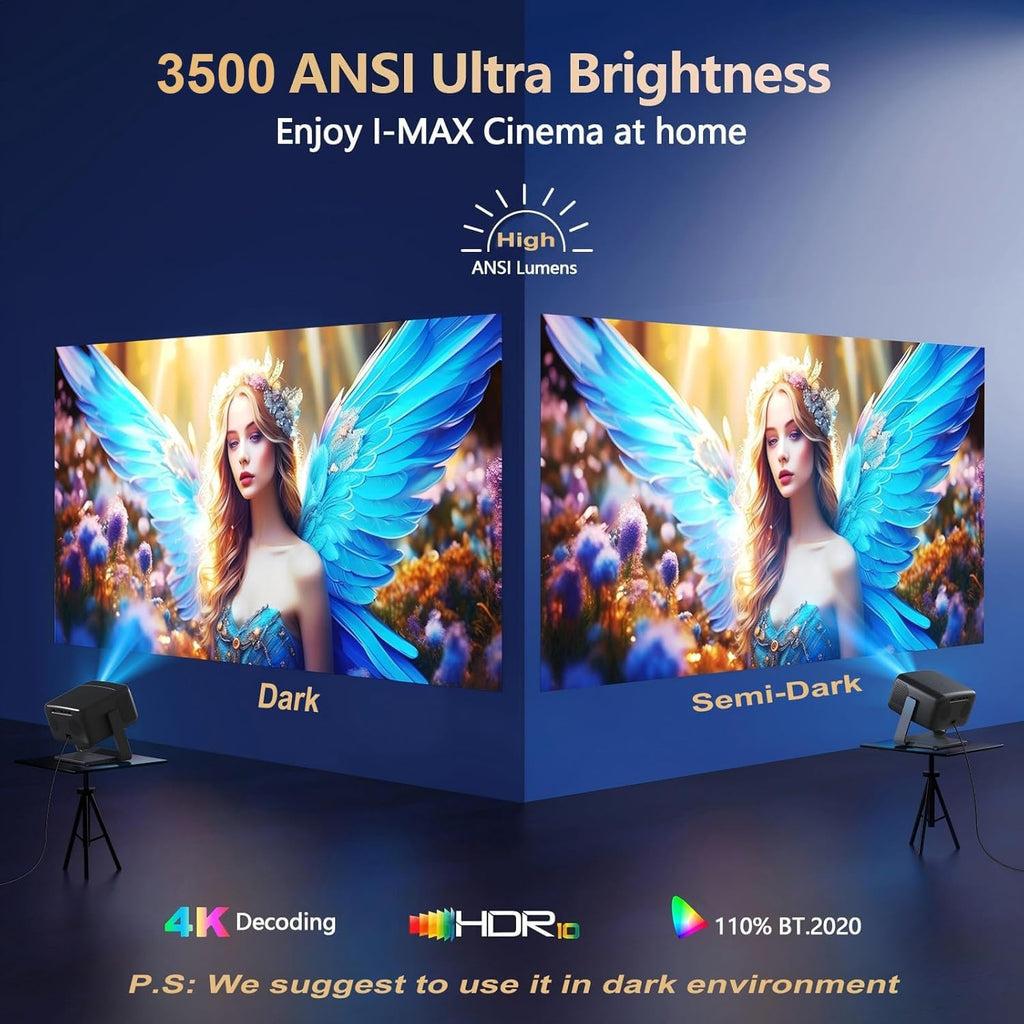 3500 ANSI/ Official Apps/65W Audio Outdoor 4K Projector with WiFi and Bluetooth, Auto Focus, Auto Keystone Smart Projector Support DoIby Audio, 2026 Upgrade GO2 Short Throw Projector with 360°Stand