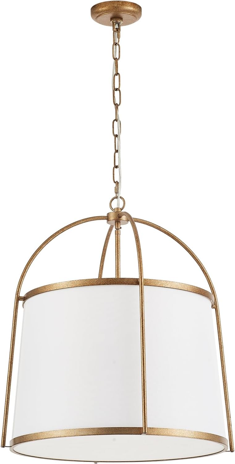 Rustic Modern Chandelier for Entryway, Dining Room Chandelier with Off-White Fabric Shade, Gold Pendant Light Fixture for Bedroom Kitchen Farmhouse