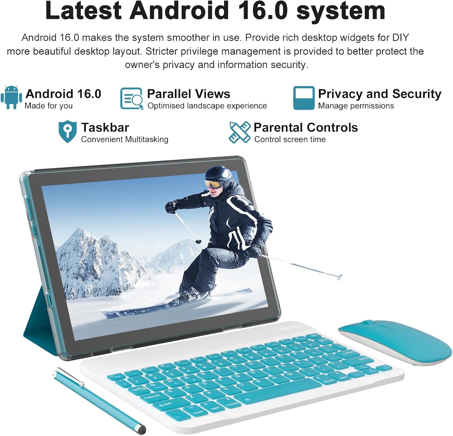 Android 16 Tablet 10 Inch, 12(3+9)GB RAM+64GB ROM, 2 in 1 Tablets with Keyboard Case Mouse Stylus, 2.0GHz Five-core Processor, 1280 * 800 IPS HD Screen, 5G WiFi6 BT 5.3 Tableta PC (Dark blue)
