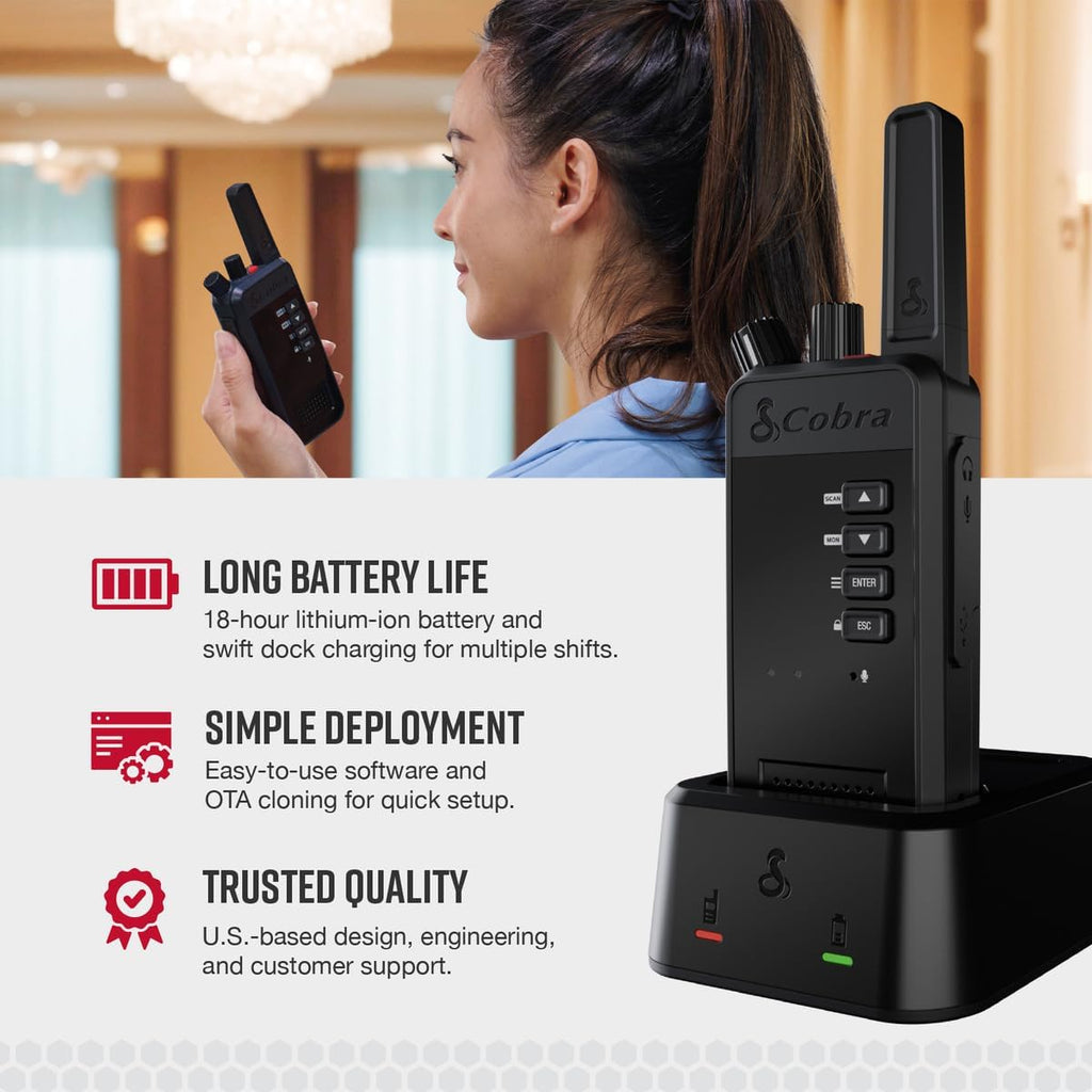 Cobra Performa 400 Business Radio (1-Pack with Dock) - 2-Channel UHF/LMR Professional Two Way Radio, Waterproof Walkie Talkie, Drop Proof, Shockproof IP67 & MIL-SPEC Rated, 18-Hour Li-Ion Battery
