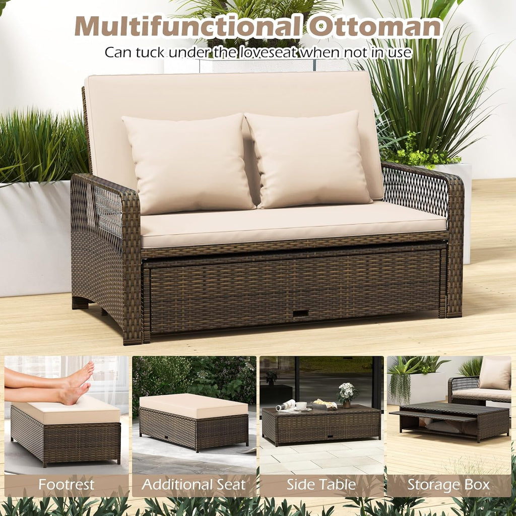 Tangkula Patio Rattan Daybed with 4-Level Adjustable Backrest, 2-Person Outdoor Wicker Loveseat with Storage Ottoman & Soft Cushions, Double Sunbed Lounger for Backyard, Porch, Poolside (Beige)