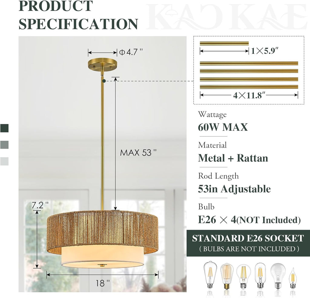 Boho Rattan Chandelier 18'' Gold Hand Woven Chandeliers with Fabric Shade 4-Light Drum Pendant Light Fixture for Dining Room Bedroom Kitchen Hallway Foyer