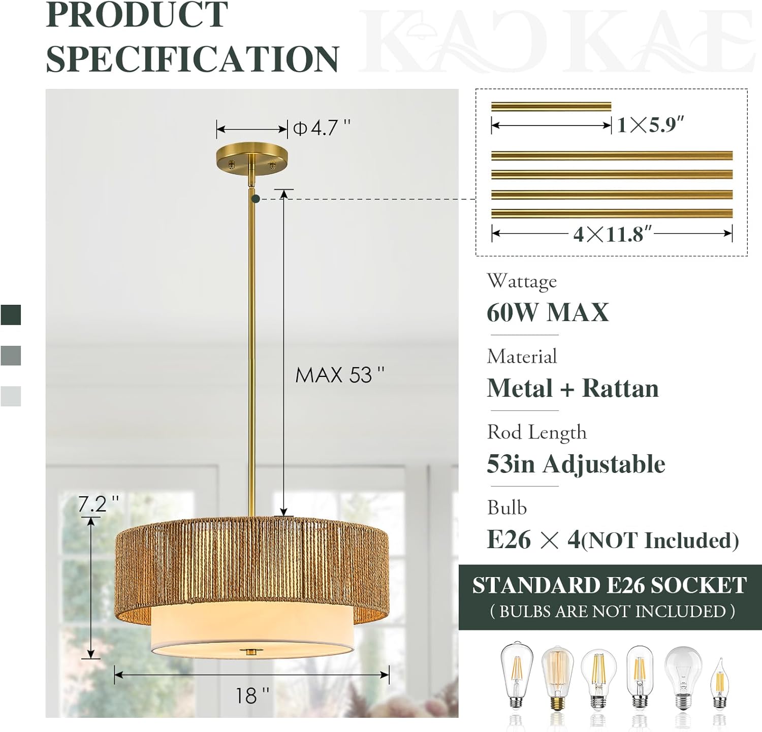 Boho Rattan Chandelier 18'' Gold Hand Woven Chandeliers with Fabric Shade 4-Light Drum Pendant Light Fixture for Dining Room Bedroom Kitchen Hallway Foyer
