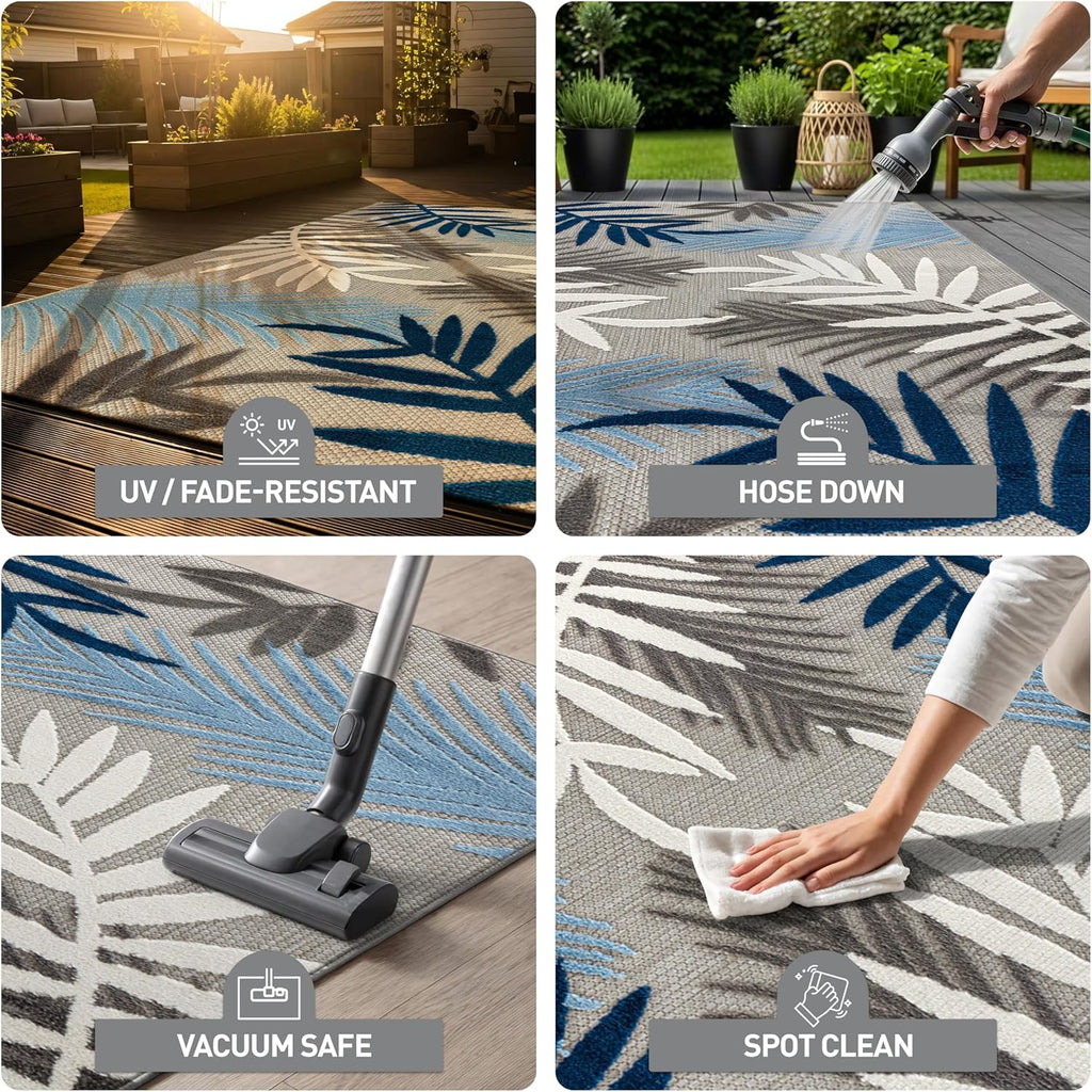 Rugshop Indoor/Outdoor Palm Leaf Area Rug, Non-Shedding Easy-Care Design for Backyard, Deck and Outdoor Lounge, Blue, 10' X 14'