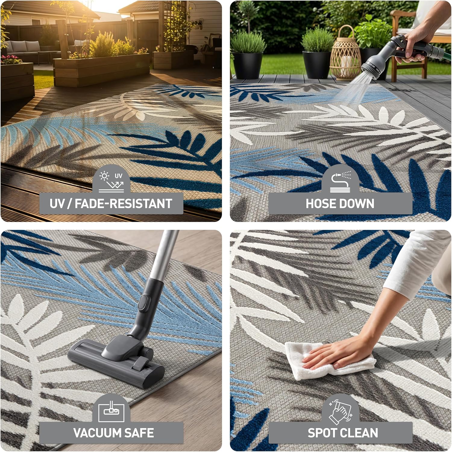 Rugshop Indoor/Outdoor Palm Leaf Area Rug, Non-Shedding Easy-Care Design for Backyard, Deck and Outdoor Lounge, Blue, 10' X 14'