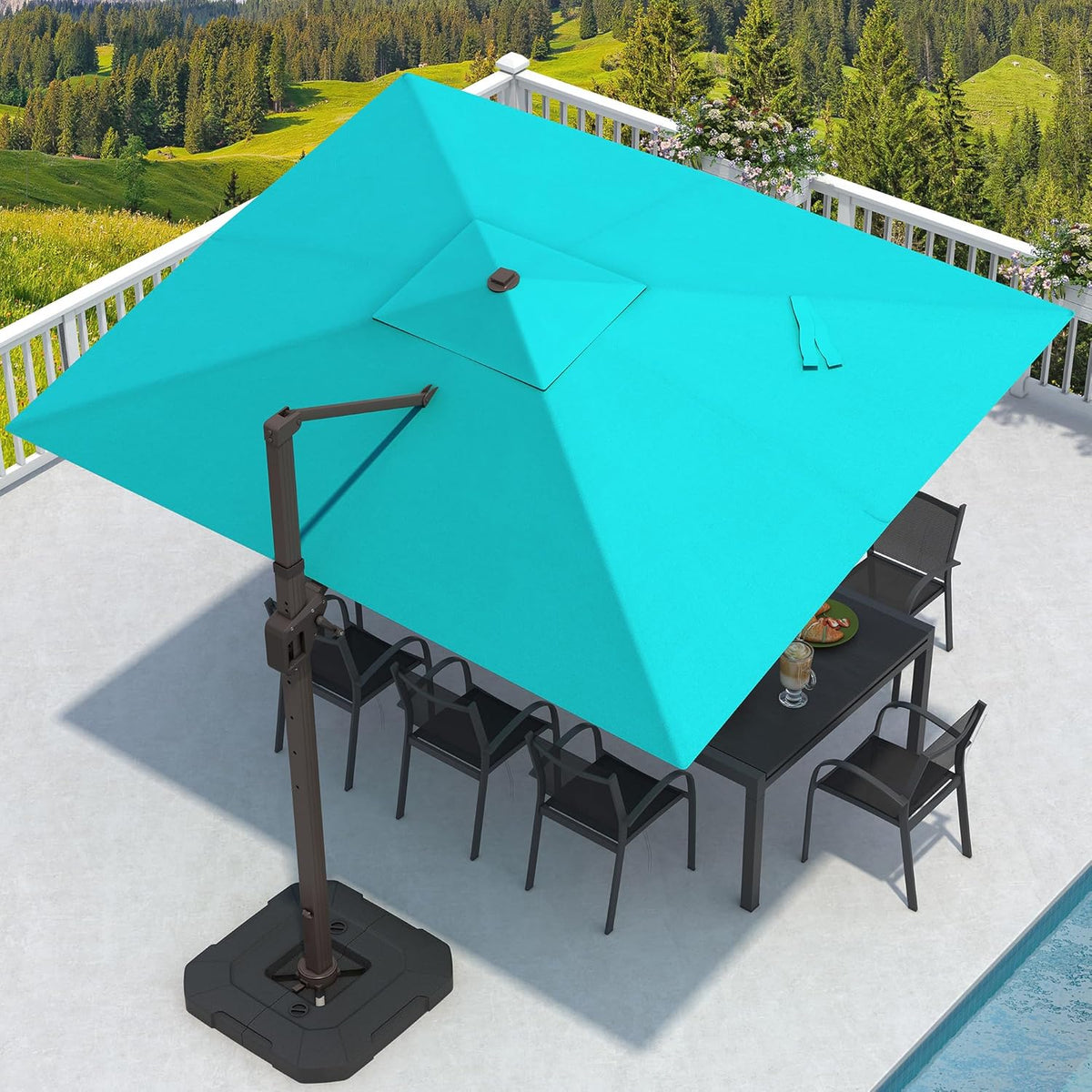 9' X 12' Cantilever Patio Umbrella with Base Included Rectangular Outdoor Large Offset Umbrellas with 7 Tilts Adjustable 360°Rotation for Deck Pool Garden Backyard, Turquoise