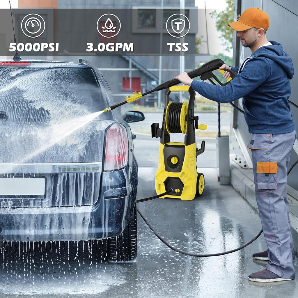 5000PSI PowerWasher with 4 Quick Connect Nozzles, Foam Cannon for Car, Lane, Patio Cleaning, Hydro Jet Pressure Hose Water Wand for Gutter Patio Car Garden Window, Yellow