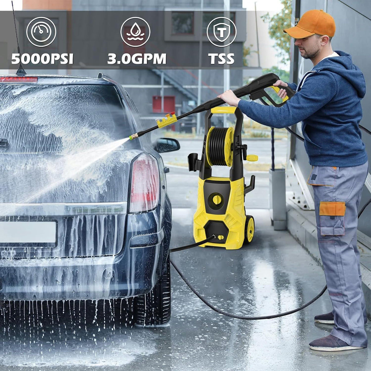 5000PSI PowerWasher with 4 Quick Connect Nozzles, Foam Cannon for Car, Lane, Patio Cleaning, Hydro Jet Pressure Hose Water Wand for Gutter Patio Car Garden Window, Yellow