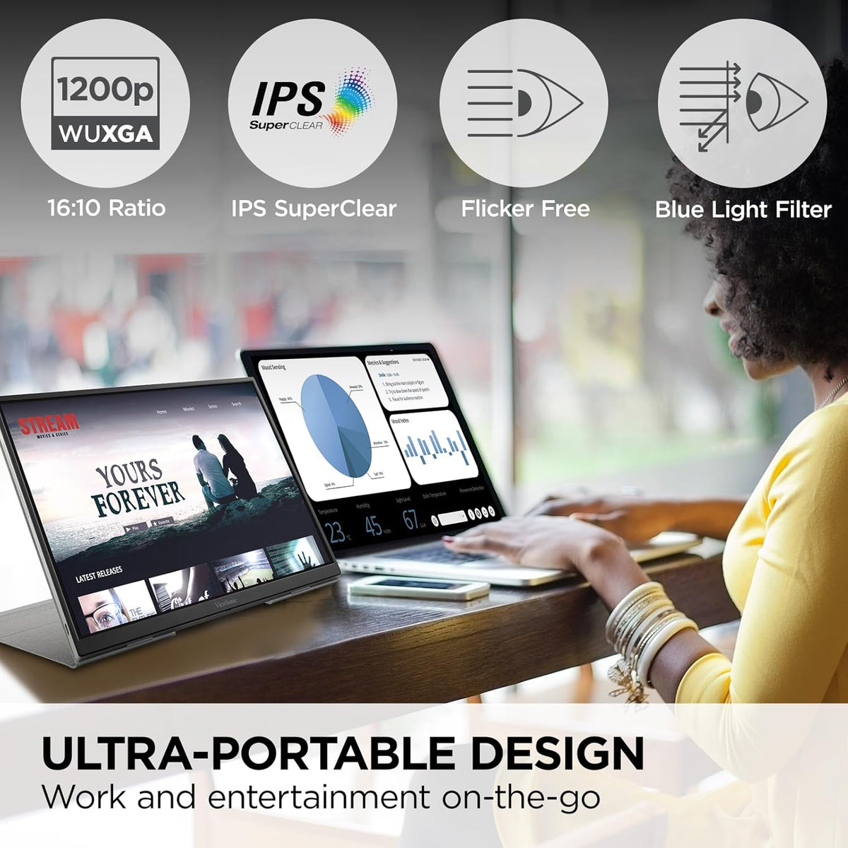 ViewSonic VG1656N-S 16" 1200p IPS Wireless Portable Monitor with 2 Way Powered 60W USB C, 60 Hz, Black - Certified Refurbished