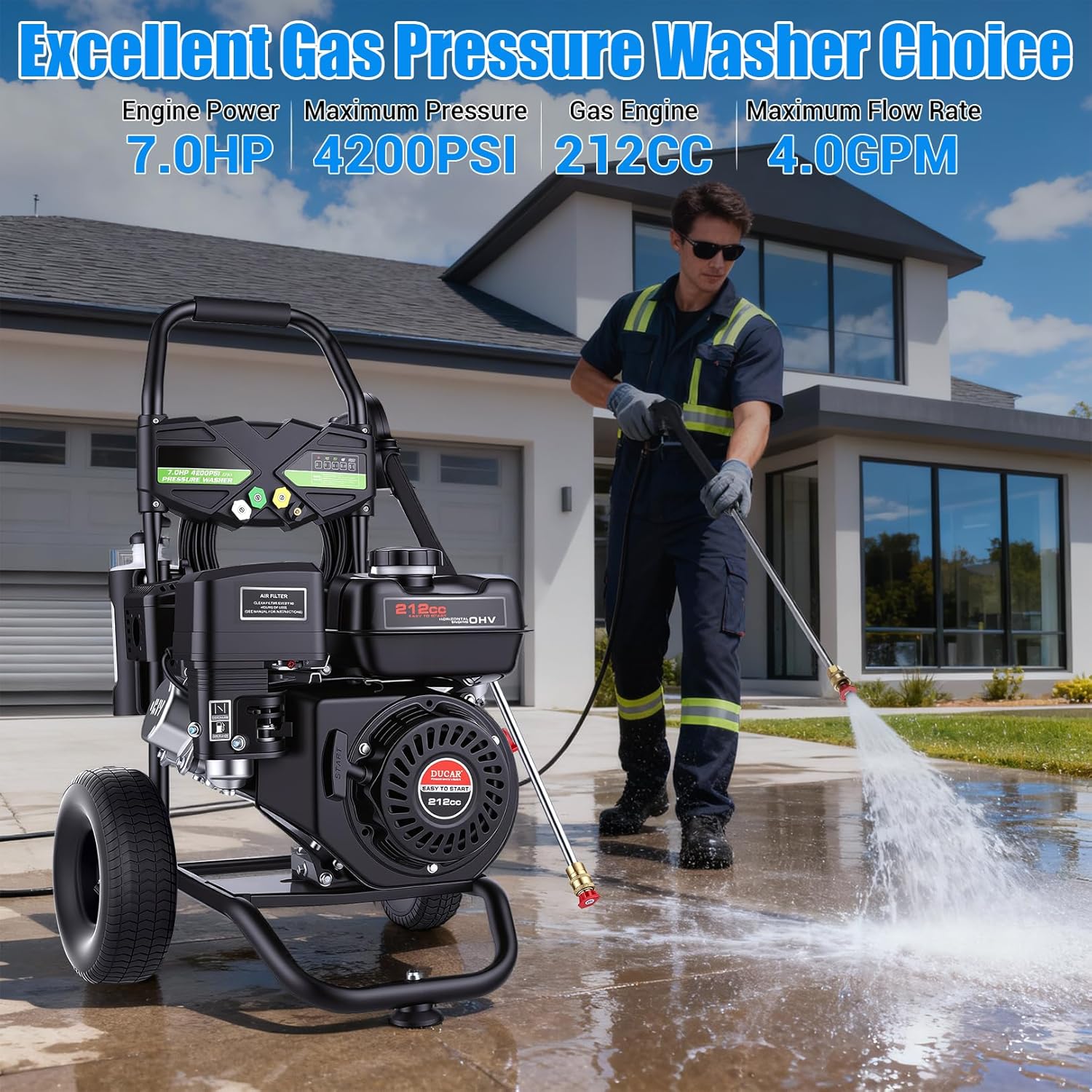 4200PSI Pressure Washer 4.0GPM Gas Power Washer 212CC Gas Powered Washing Machine Commercial High Pressure Washer with 25ft Hose&5 Nozzles for Patio Garden Yard (Dark Black with 25ft Hose)