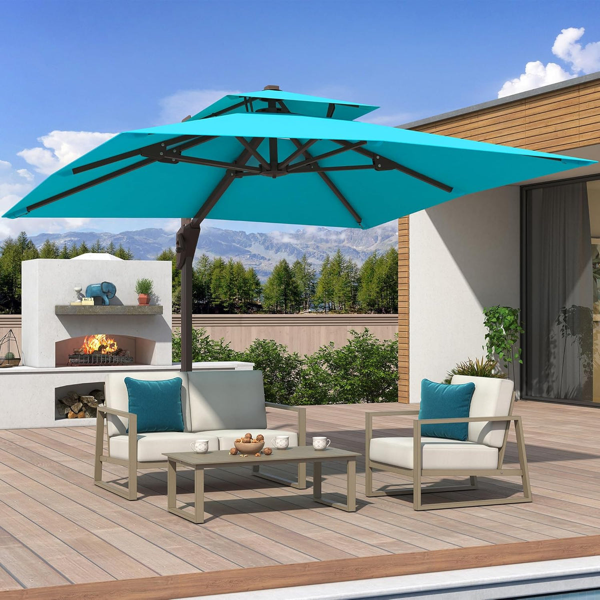 10x10 FT Cantilever Patio Umbrella Double Top Outdoor Square Large Heavy Duty Aluminum Offset Umbrellas with 7 Level Tilt 360-degree Rotation for Pool Garden Deck, Turquoise