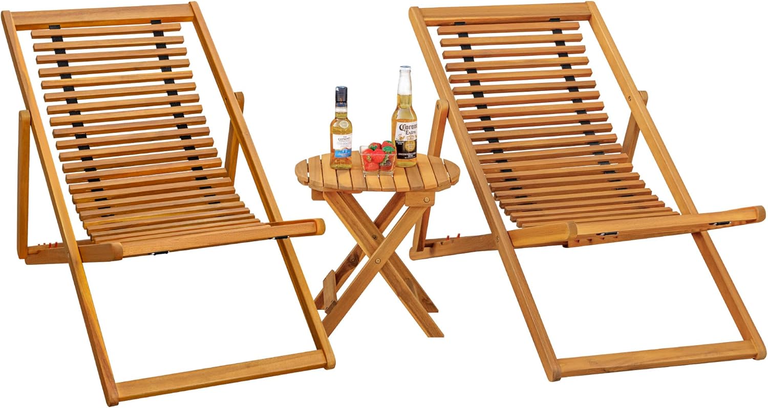 Flamaker 3-Piece Acacia Wood Patio Set, Chaise Lounge Chairs for 2 and Side Coffee Table, Adjustable and Foldable, for Pool, Beach, Backyard, No Assembly