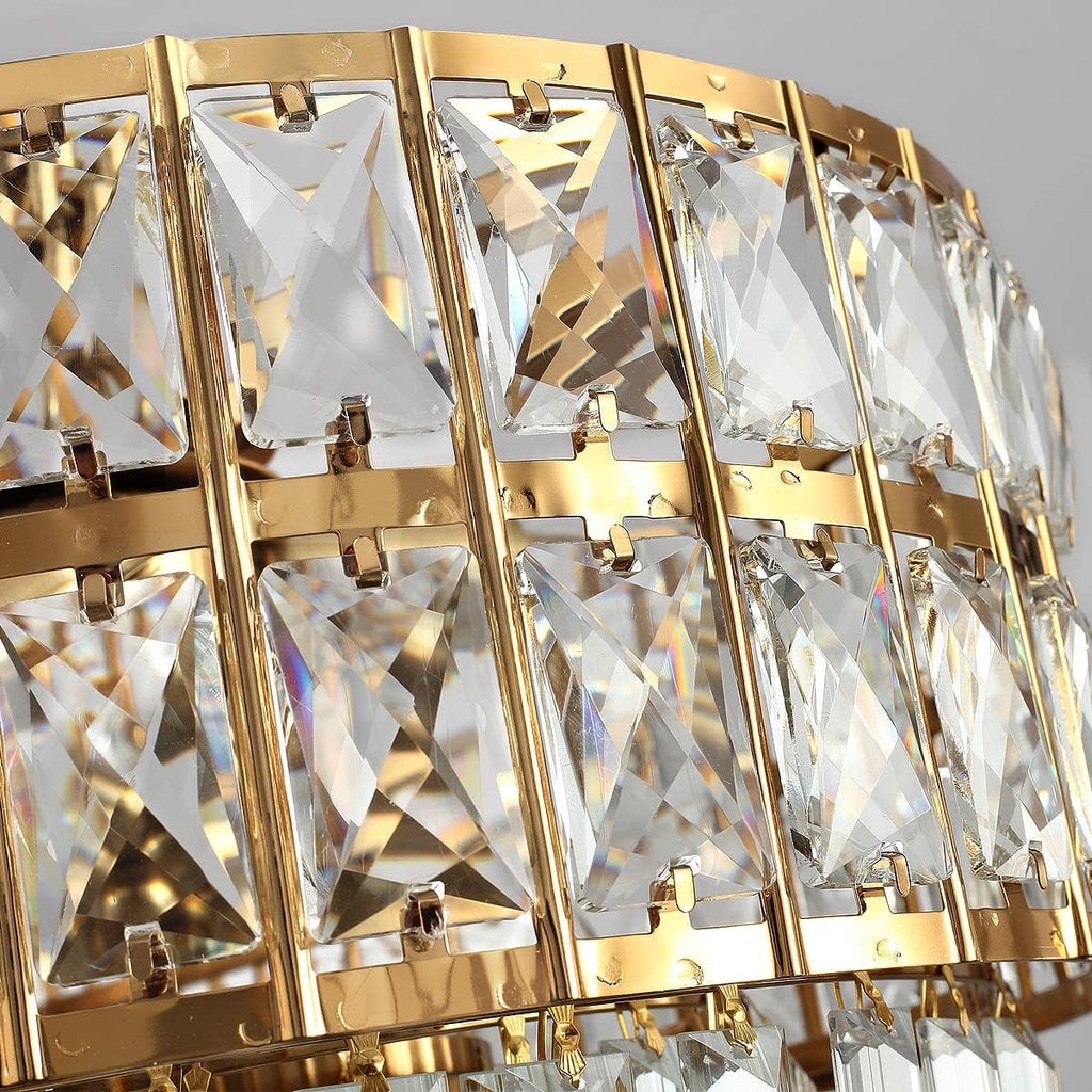 Modern Crystal Chandelier Gold Finish Light Fixture, Oval Crystal Pendant Light Hanging Lamp, for Living Room, Dining Room, Restaurant, E12 x 8, 29.5 x 13 inch