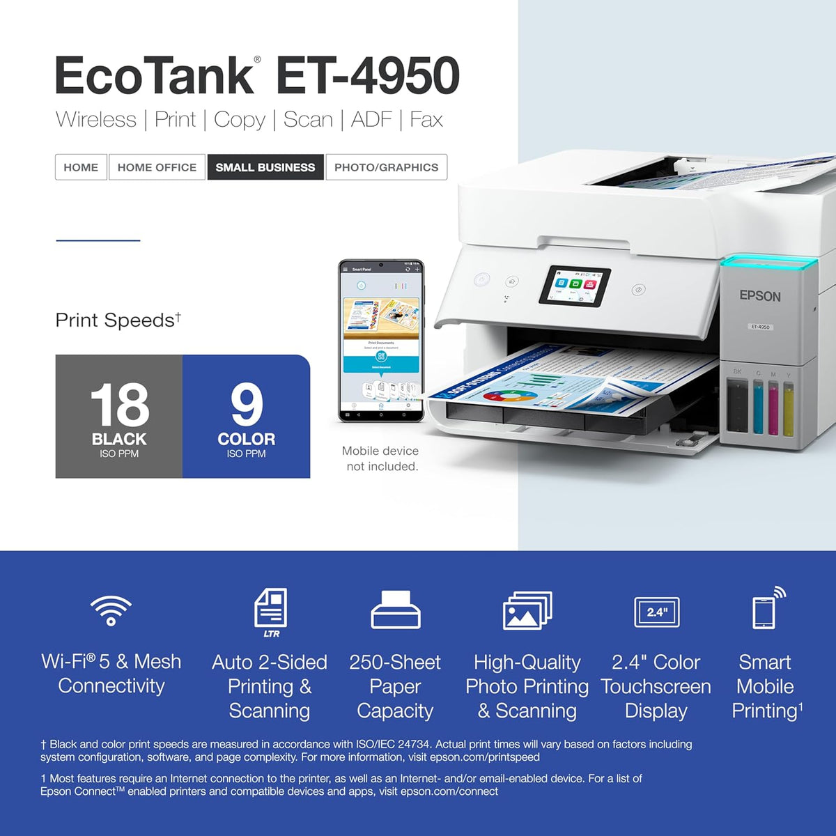 Epson EcoTank ET-4950 Wireless All-in-One Color Supertank Printer with up to 3 Years of Ink Refillable Tanks, Perfect for Office, 18 PPM, 2.4" Colorful Touchscreen, Auto Document Feeder - White