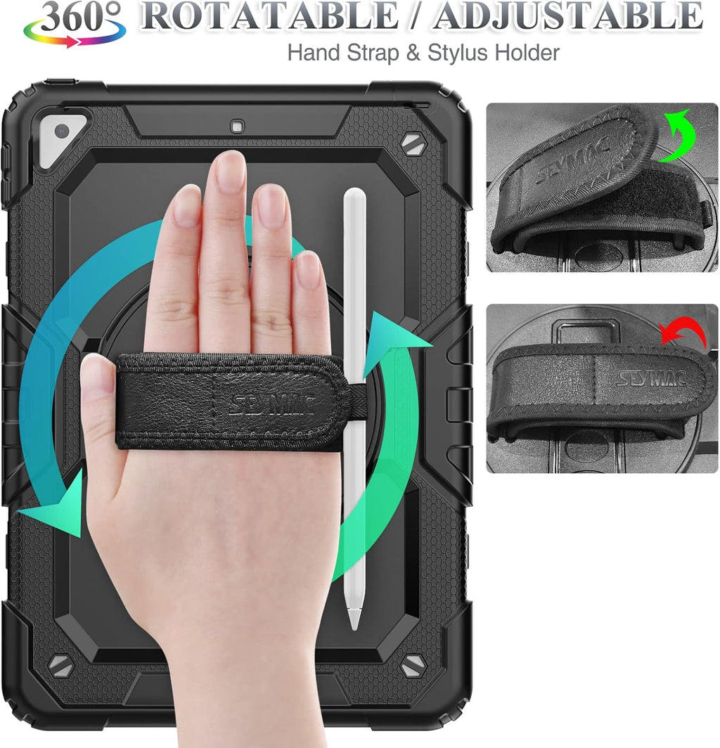 SEYMAC stock Case for iPad Air 3 2019 / Pro 10.5'' with Screen Protector Pen Holder 360° Rotate Hand Strap/Stand, Drop-Proof Case (Black)