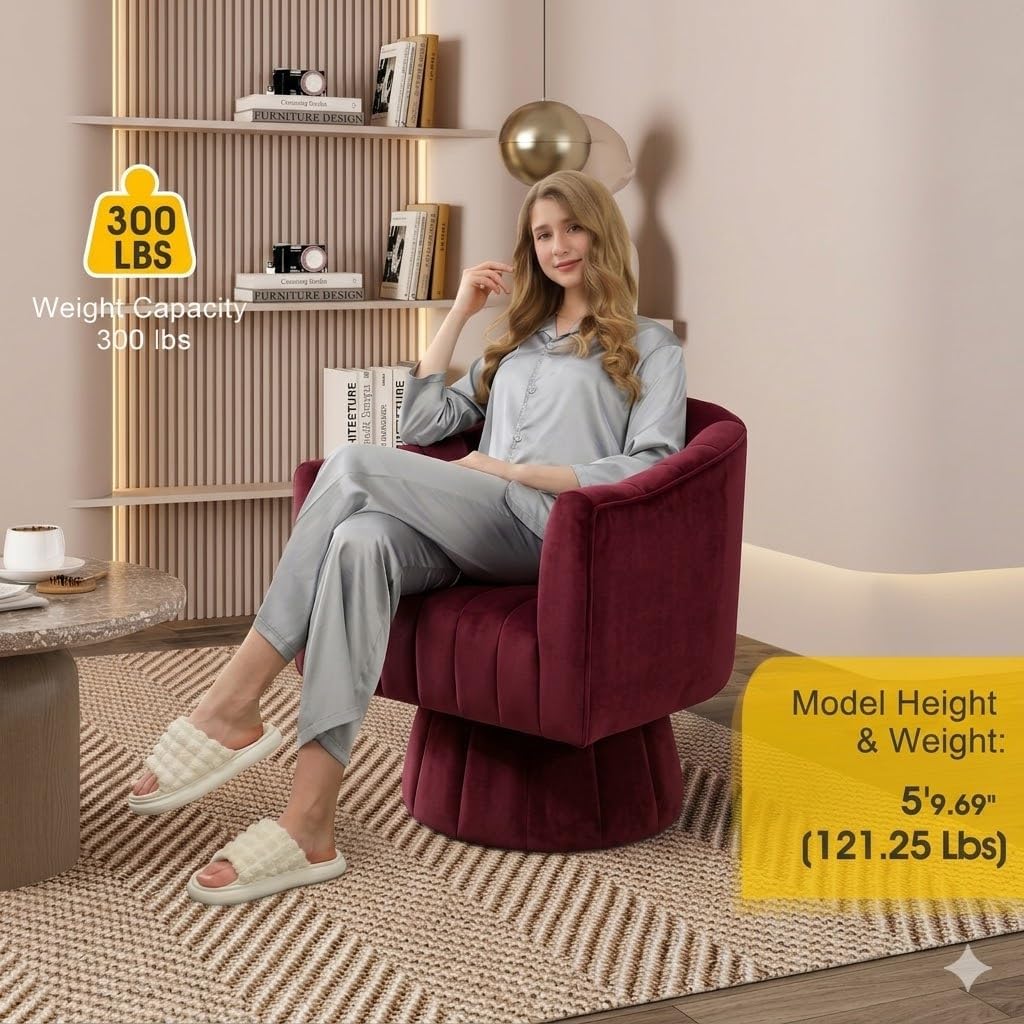 Dewhut Swivel Accent Chair, 360° Swivel Barrel Chair with Armrest, Velvet Upholstered Single Sofa Reading Chair for Living Room,Bedroom,Waiting Room(Red)