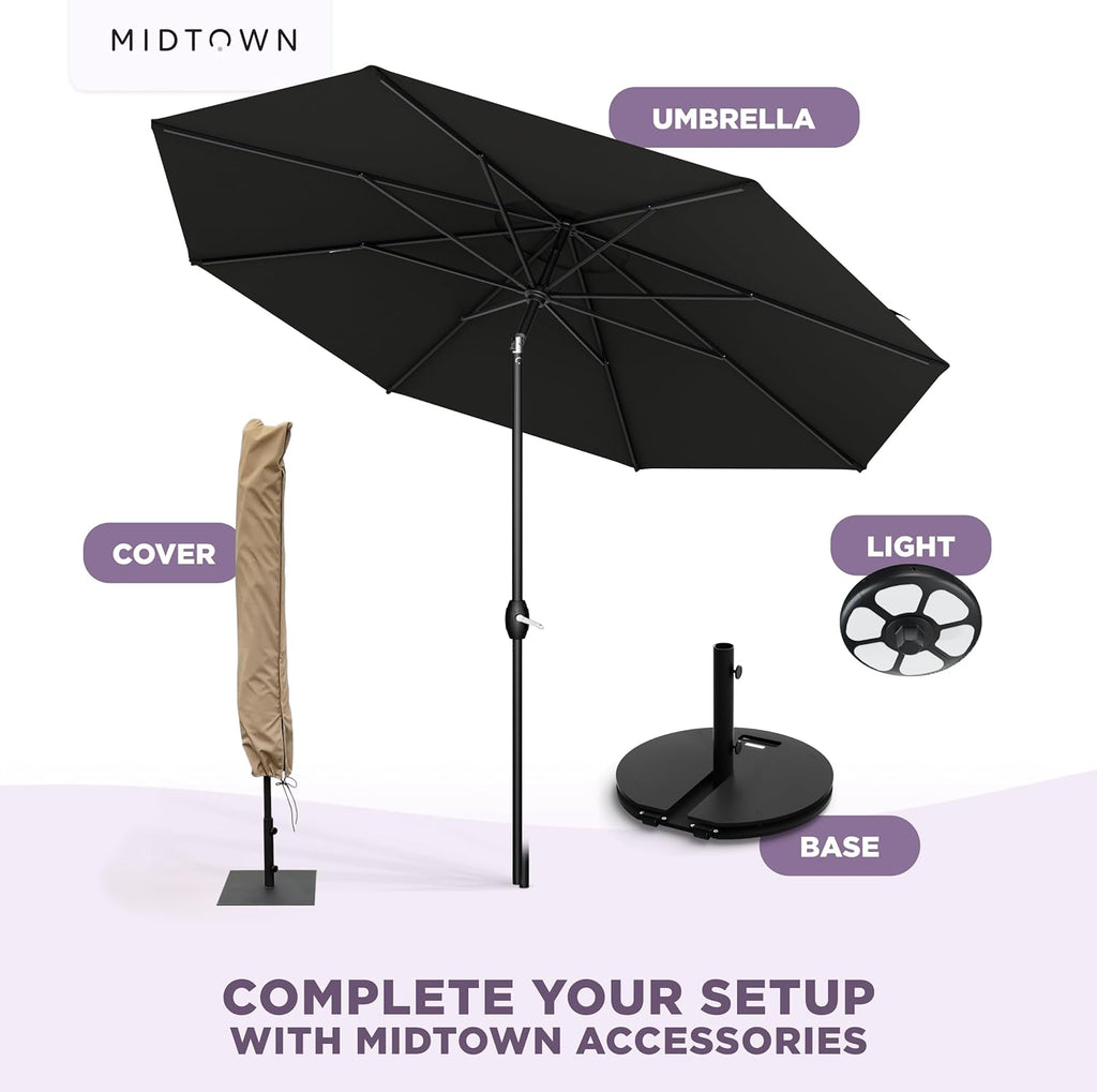 Midtown Umbrellas - The Lean 9 Ft Patio Umbrella with Fade-Resistant Sunbrella Fabric, Auto-Tilt Aluminum Frame and 8 Reinforced Ribs for Deck, Pool & Garden - Black Canopy, Black Pole