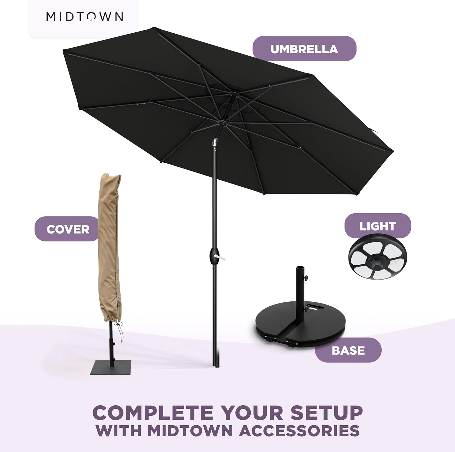 Midtown Umbrellas - The Lean 9 Ft Patio Umbrella with Fade-Resistant Sunbrella Fabric, Auto-Tilt Aluminum Frame and 8 Reinforced Ribs for Deck, Pool & Garden - Black Canopy, Black Pole
