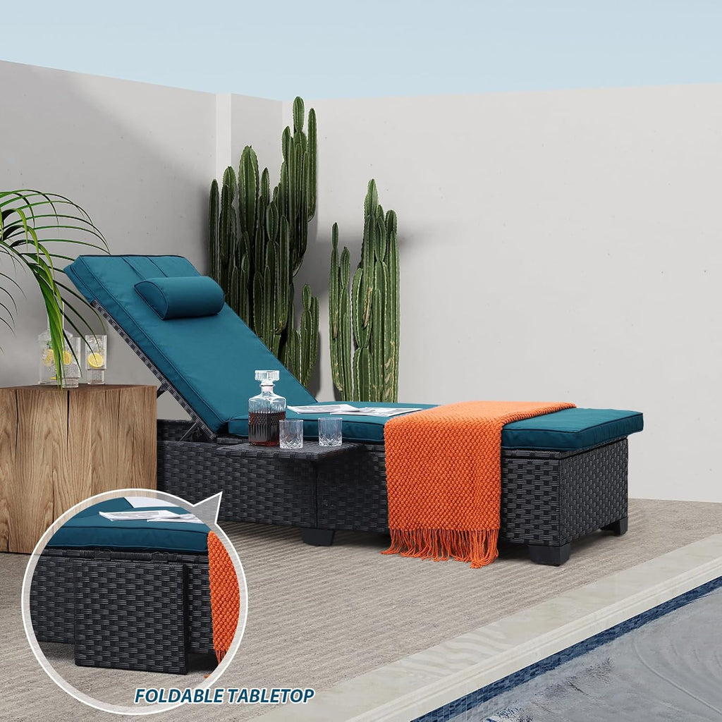 WAROOM Outdoor Chaise Lounge Chairs for Outside Patio Furniture Set of 2 Wicker Recliner Black Rattan Sunbathing Lounger Adjustable Backrest Pool Reclining Chair, Peacock Blue Cushion