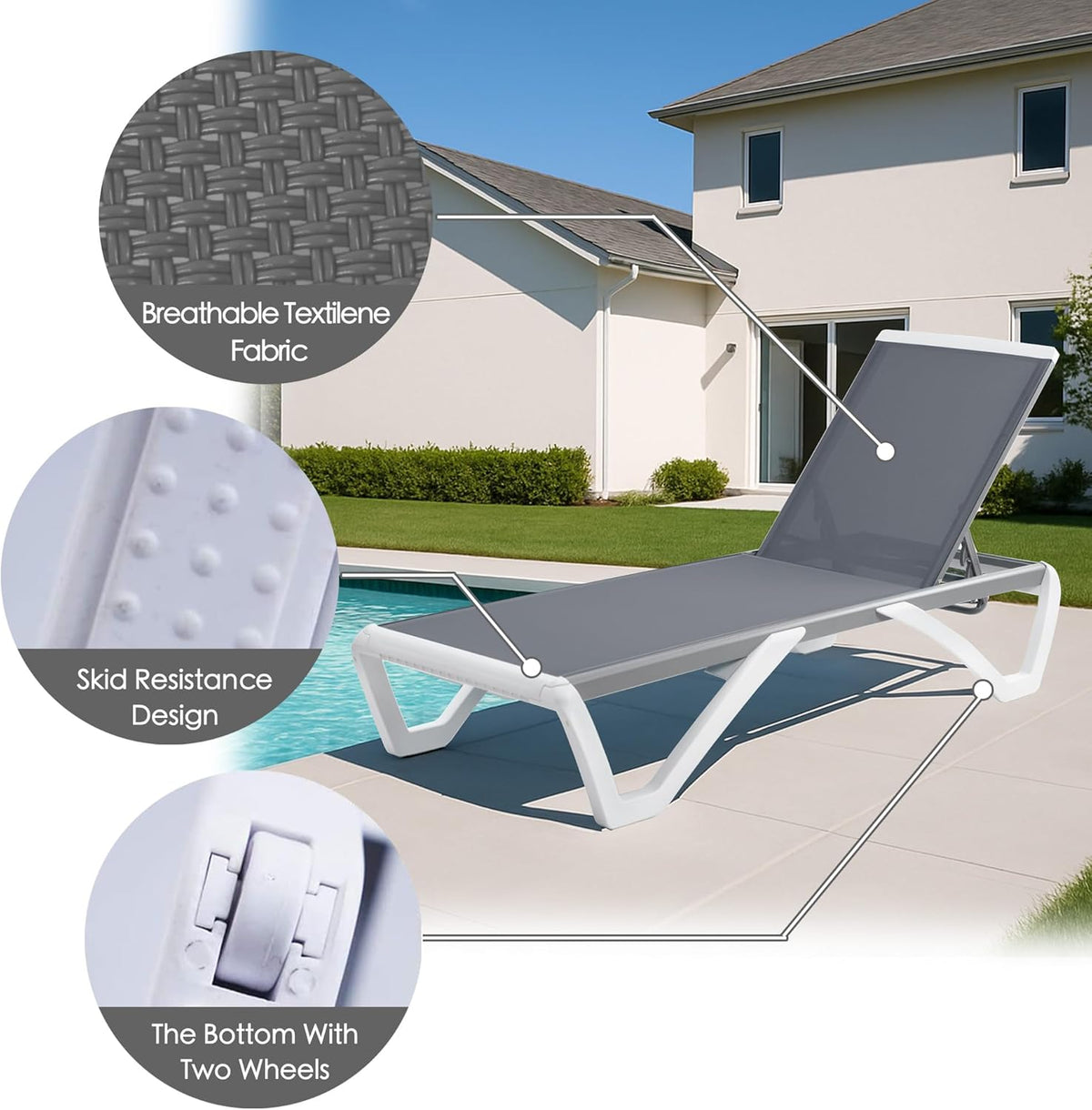 Kozyard 3-Piece Outdoor Chaise Lounge Chair Set, Fully Flat Adjustable Patio Lounger with Aluminum Frame & Resin Legs, Textilene Fabric for Poolside, Backyard & Beach (Gray, 2 Chairs + Table)