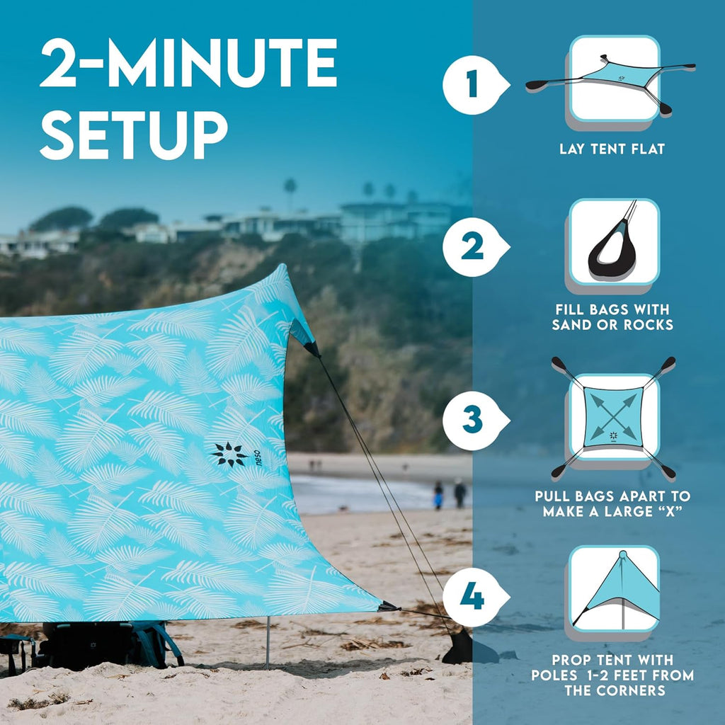 Neso Gigante Portable Beach Tent Sun Shelter - Lightweight Beach Shade Canopy - Easy Setup for Family Outings - Patented Reinforced Corners - UPF 50+ - 8ft Tall, 11 x 11ft - Aqua Fronds