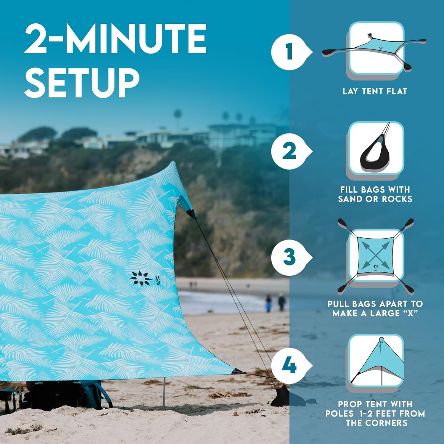 Neso Gigante Portable Beach Tent Sun Shelter - Lightweight Beach Shade Canopy - Easy Setup for Family Outings - Patented Reinforced Corners - UPF 50+ - 8ft Tall, 11 x 11ft - Aqua Fronds