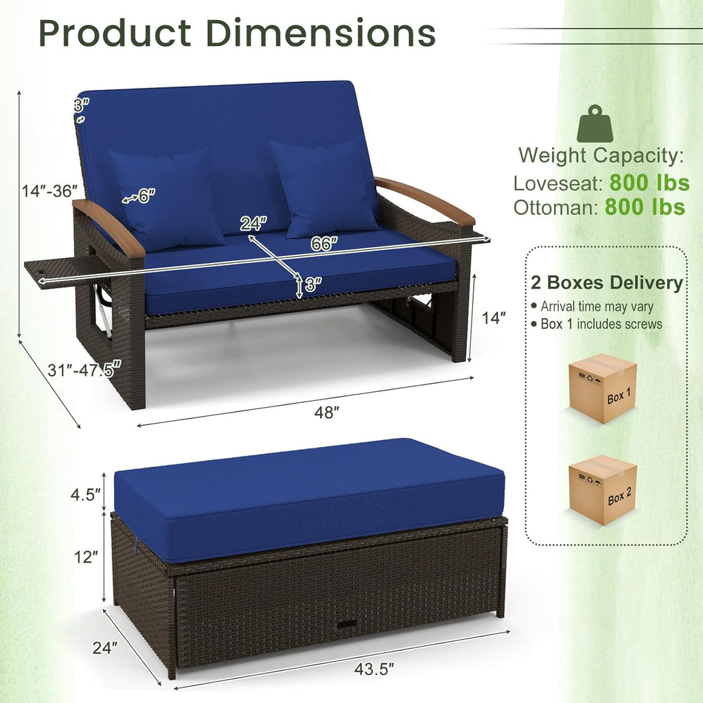 Tangkula Patio Rattan Daybed with 4-Level Adjustable Backrest, Outdoor Wicker Loveseat with Acacia Wood Armrest, Storage Ottoman & Folding Tray, Double Sunbed for Balcony, Backyard & Poolside (Navy)