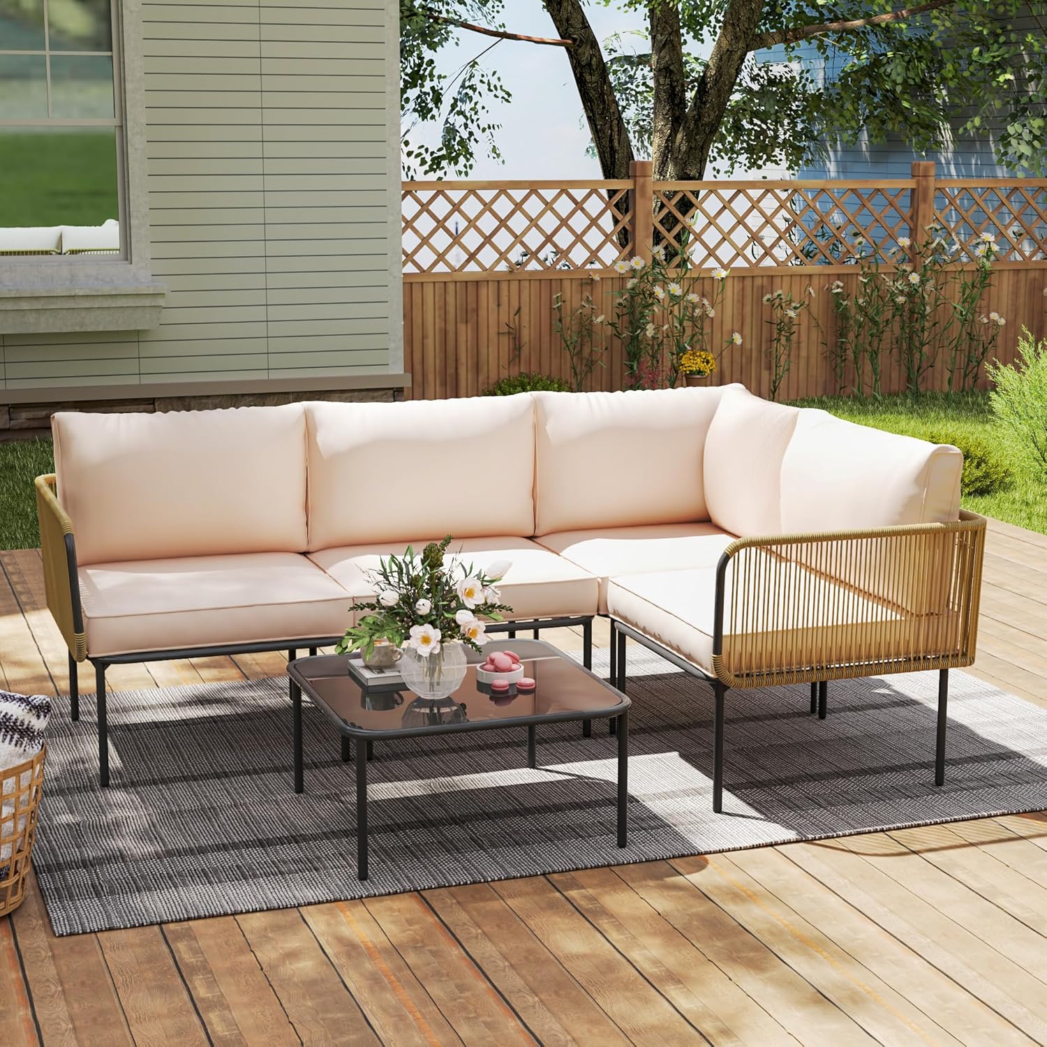 Patio Furniture Set, 5 Piece Outdoor Patio L-Shaped Conversation Set with Cushions and Table, All-Weather Rattan Woven Sectional Sofa for Backyard, Porch, Boho Detachable Lounger (Beige)