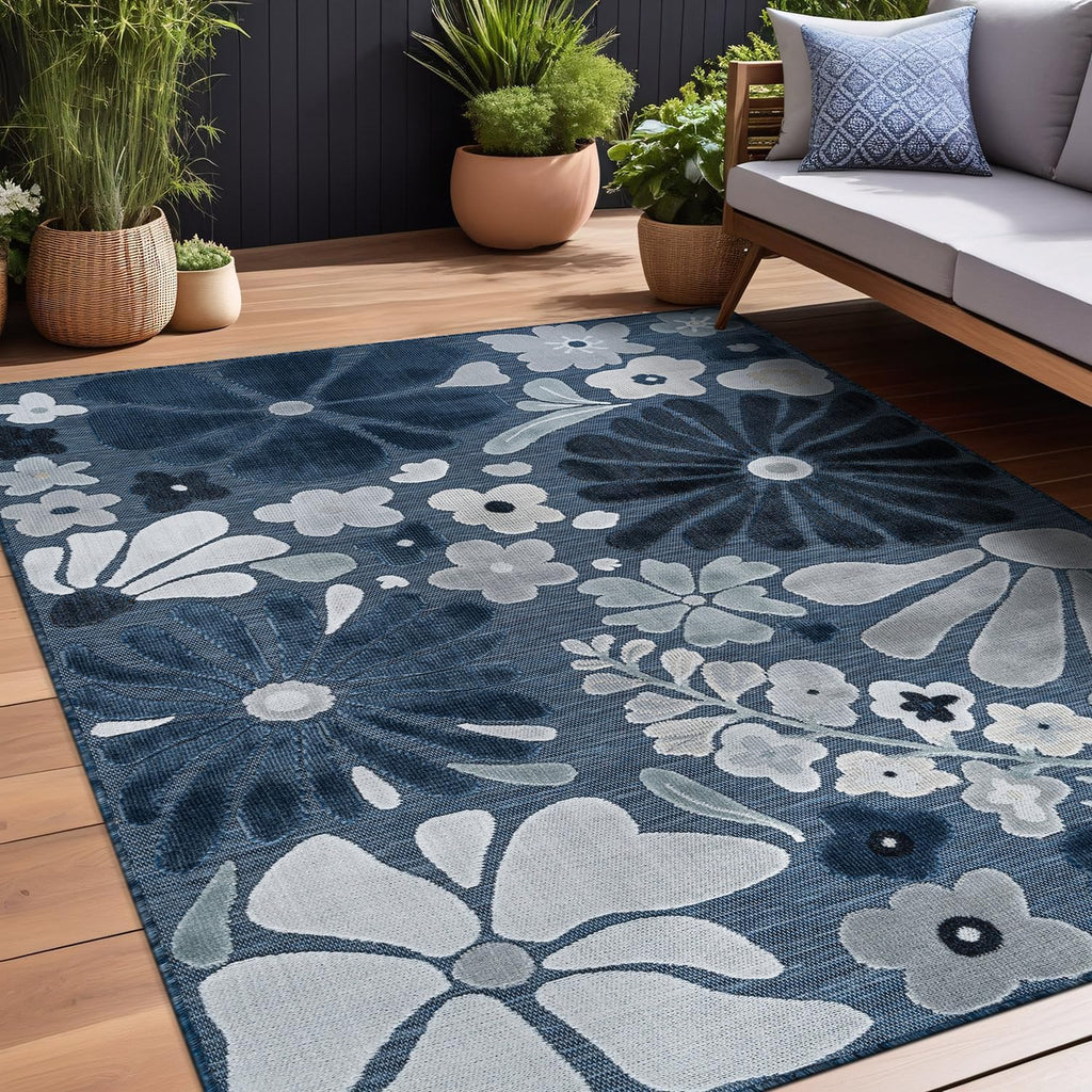 Beverly Rug Outdoor Rug 6x9 Modern Floral Tropical Area Rugs for Outdoor and Indoor Patio Easy to Clean Non Shedding Living Room Porch Garden Washable Outside Carpet (6 x 9 Navy)