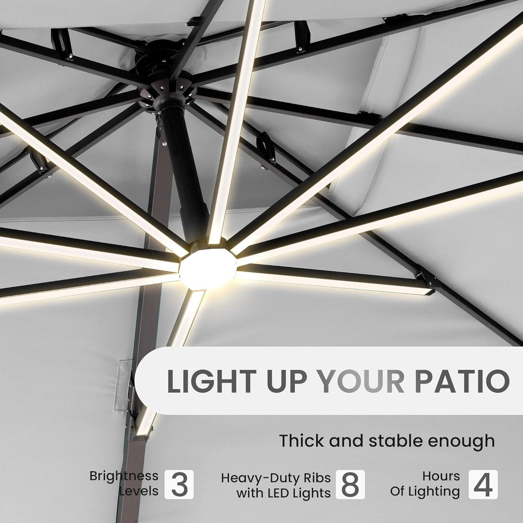 10 X 13 FT Cantilever Patio Umbrella with LED Lights Outdoor Heavy Duty Double Top Windproof Rectangle Offset Umbrellas with 360-degree Rotation for Pool Deck Backyard, Foggy Grey