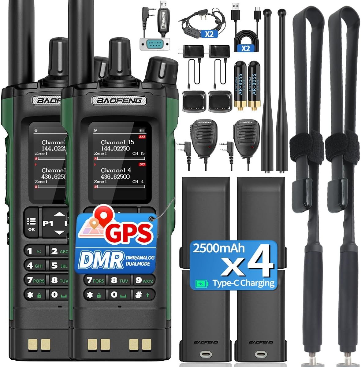 BAOFENG DM32 Ham Radio Handheld DM-32UV Walkie Talkies Long Range with NOAA Emergency Weather | 10W Rechargeable (4PCS Batteries) DM-32 DMR Radio with GPS,USB-C Charging for Survival Gear Hunting