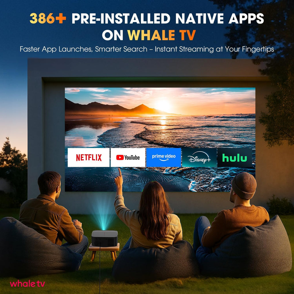 386+ Built-in Apps DBPOWER E2 Smart Projector with WiFi and Bluetooth, Native 1080P Mini Projector Compatible with Netflix, Youtube, D+, Hulu, Max & Crunchyroll, Electric Focus & Carry Case