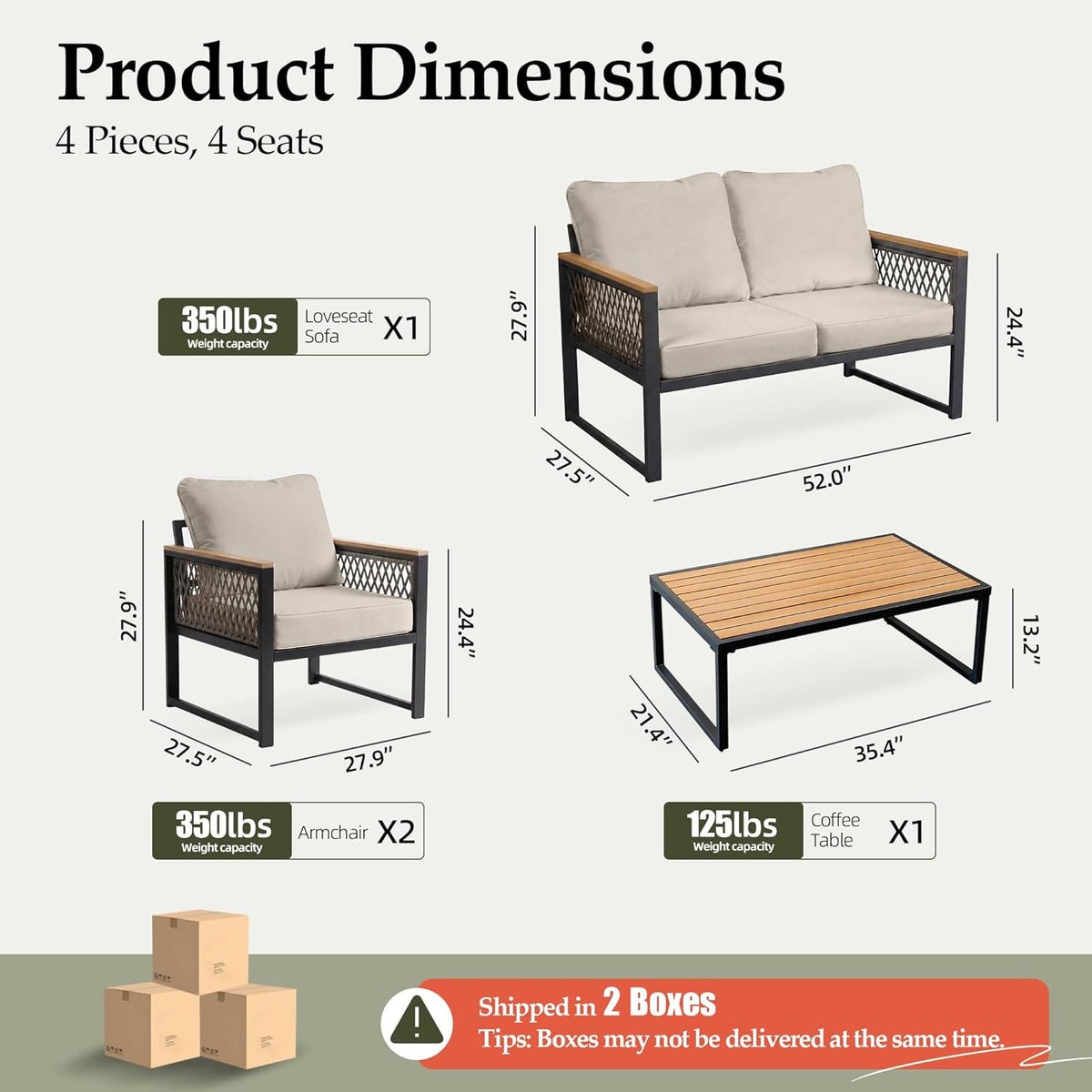 UPHA 4 Pieces Patio Furniture Set, Metal Outdoor Sectional Couch Set with Loveseat Sofa, 2 Chairs, Coffee Table, Modern Patio Conversation Set for Porch Balcony Deck, 4 Seats, Beige