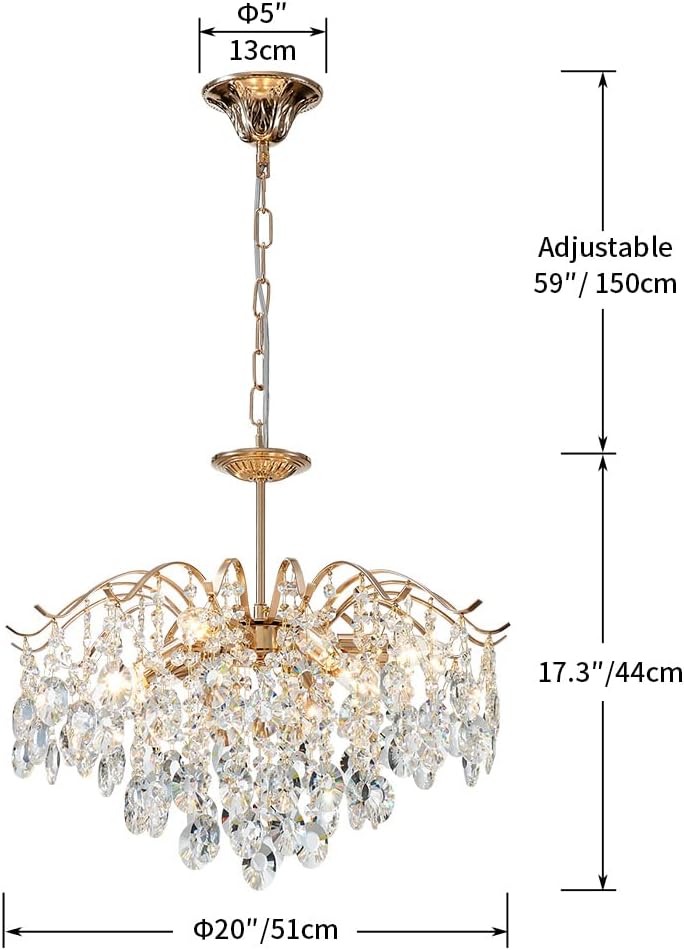 Saint Mossi 6-Light Gold Crystal Chandeliers, Middle Century Dining Room Light Fixture, Modern Pendant Light for Living Room, D20 x H17, Adjustable Chains 59", Chopper Finish Metal Frame
