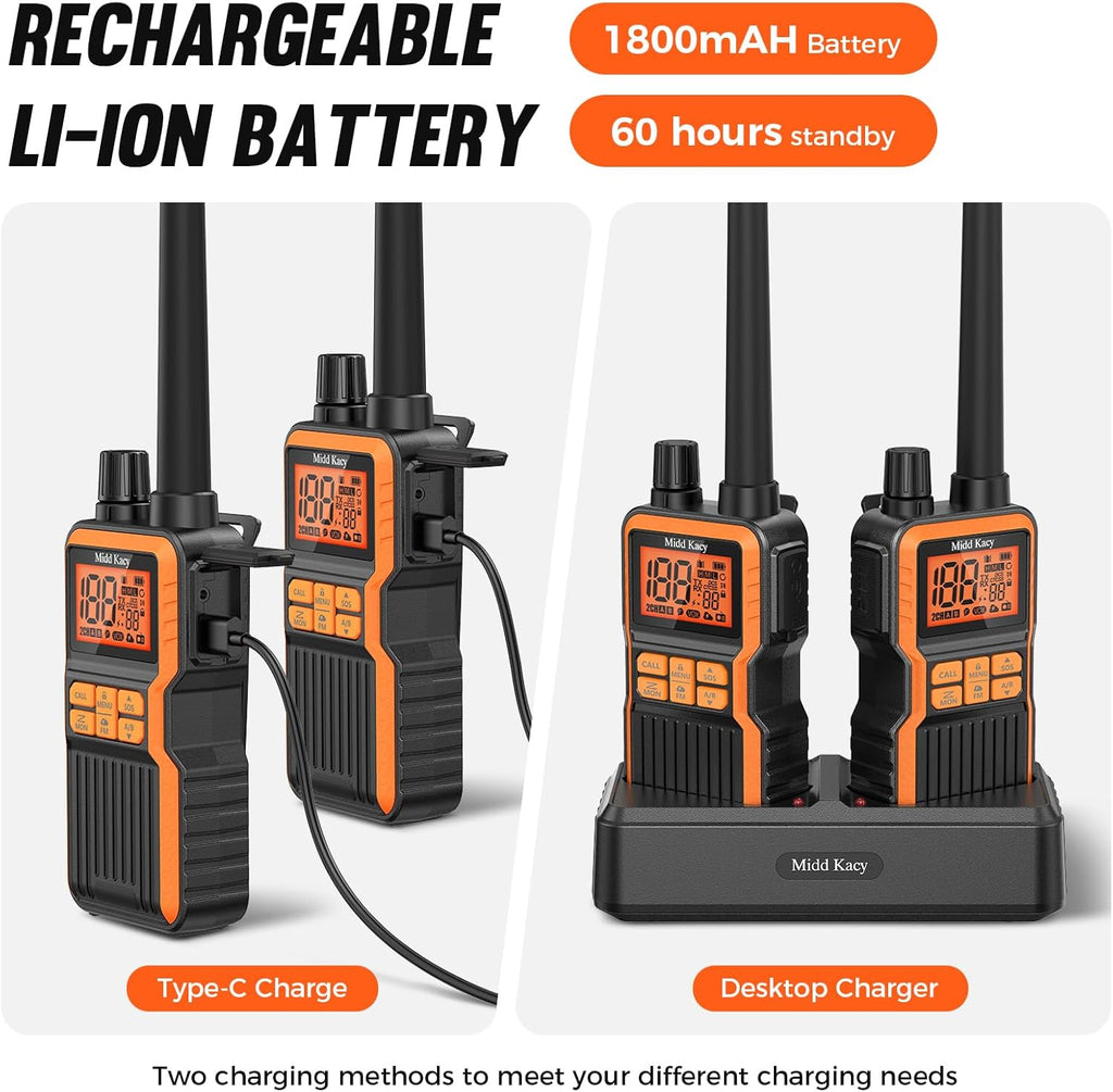 Midd Kacy Walkie Talkies, 60 Channel GMRS Handheld Waterproof Hunting Two Way Radio with 121 Privacy Codes, SOS, NOAA Weather Alerts, VOX, Channel Scanning, 4 Pack (Black/Orange)