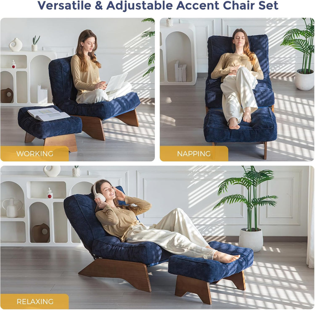 MAXYOYO Accent Chair with Ottoman Adjustable Backrest, Tufted Living Room Chair Upholstered Lounge Chair with Footrest Set, Modern Chair Cozy Reclining Chair for Reading Room, Navy